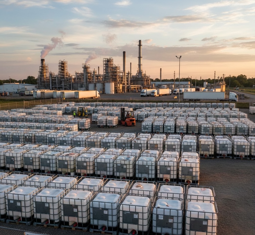 Large IBC tote inventory at industrial facility