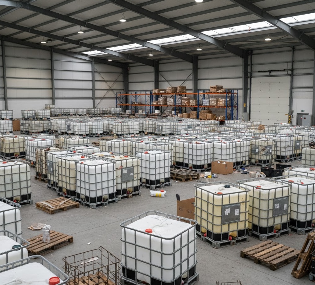 Indoor warehouse with IBC containers